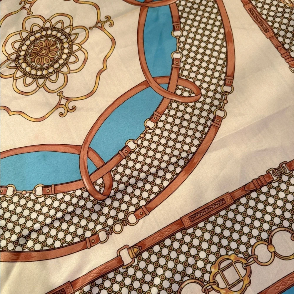 Elegant Blue and Brown Equestrian Patterned Scarf 34x34